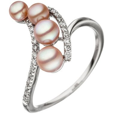 SIGO Damen Ring 585 Weißgold 4 Süßwasser Perlen rosa 24 Diamanten Brillanten