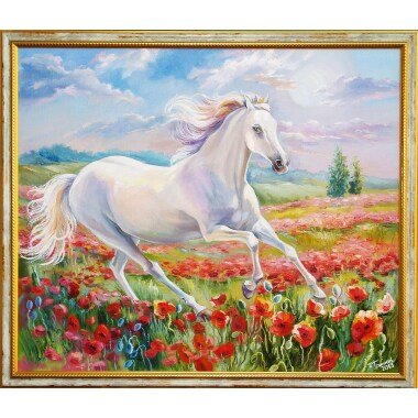 Weißes Pferd Ölgemälde Laufendes Gemälde Auf Leinwand Rote Blume Kunst Original 