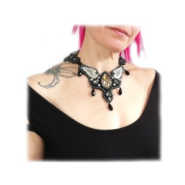 Elegante Kette Schwarz, Gothic Halskette Mit Engelsflügel