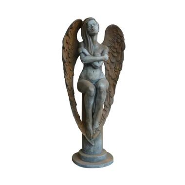 Große Engel Skulptur Grab & Sitzende Engelfigur mit Podest aus Steinguss