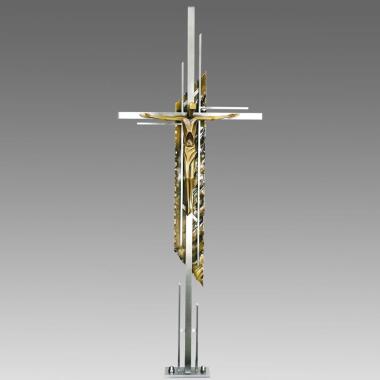 Modernes Grabkreuz Edelstahl & Bronze mit Christus Aliquo / 110x45cm (HxB)