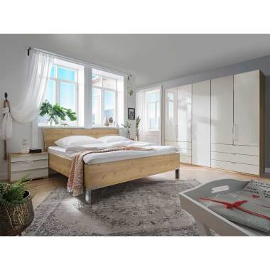 Schlafzimmer Set in Eiche Bianco und Beige