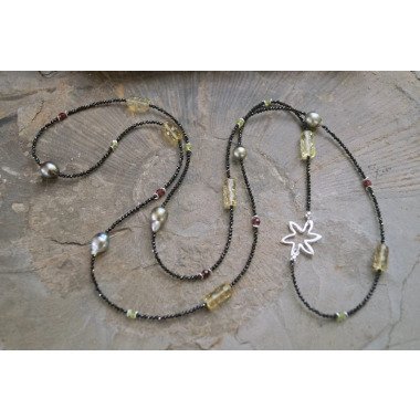 Spinellkette Lang Mit Tahiti Perlen Limonenquarz Peridot Und Granat 925