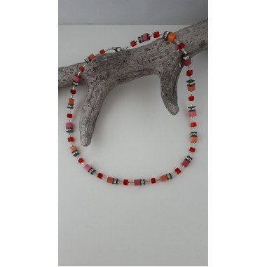 Würfelkette, Cube Collier Design Halskette, Würfel, Rot + Aprikot Silber