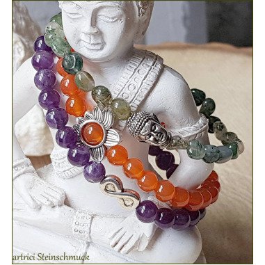 Yoga Armband 3-Teilig Buddha Moosachat Karneol Amethyst