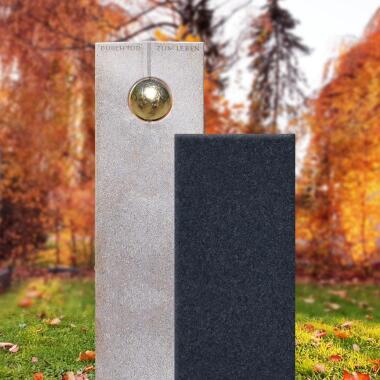 Zweiteiliger Granit Einzelgrabstein in hell & dunkel mit Blattgold Kugel Rapha