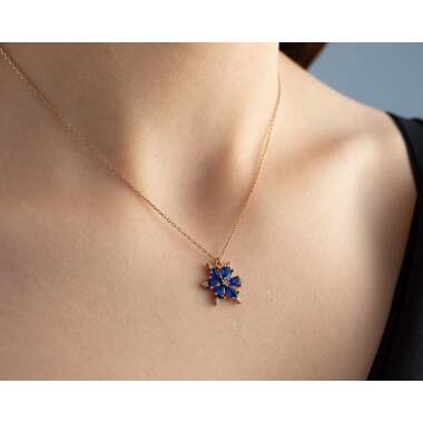 Blauer Stein Kamelien Blume Silber Halskette-925 Sterling Zirkon Halskette