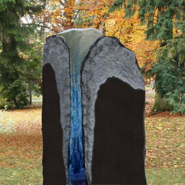 Doppelgrabstein mit Glas & Exklusiver Granit Doppelgrabstein mit blauem