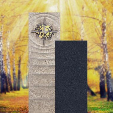 Muschelkalk Urnengrabstein zweiteilig hell/dunkel mit Bronze Kreuz Sovello Spi