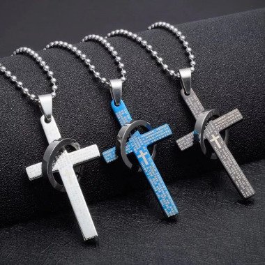 Halskette Mit Anhänger Ring Silber Set Kreuz Religion Jesus Schwarz Männer