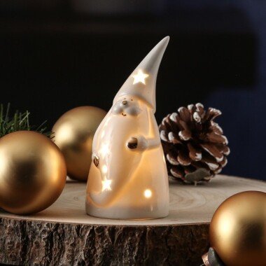 LED Weihnachtsmann Dekofigur Porzellan goldene