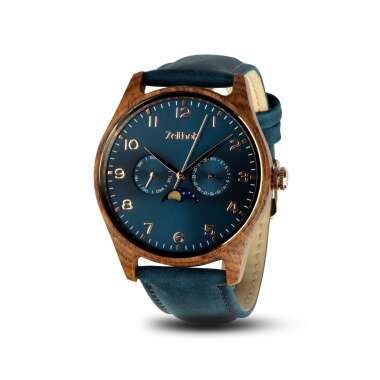 Luxusuhr in Blau & Holz Armbanduhr Herren Klitten Rosenholz Mondkalender