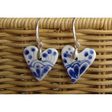 Moderne Ohrringe aus Silber & Zweiseitige Blau Und Weiß Herz Geformt Porzellan