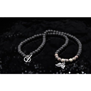 Perlenkette in Schwarz & Herbst Blatt Halskette Schwarz Lava Stein Perlenkette