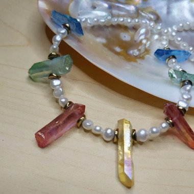 Perlenkette in Weiß & Halskette Aus Süßwasserzuchtperlen Und Bunten