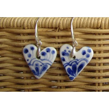Zweiseitige Blau Und Weiß Herz Geformt Porzellan Ohrringe Auf 925 Silber