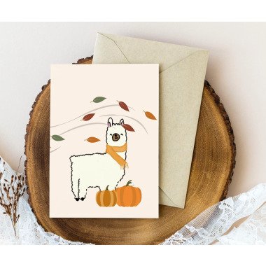 Alpaka Herbst Grußkarte, Hello Fall Karten, Thanksgivingcard, Süße Tierkarten