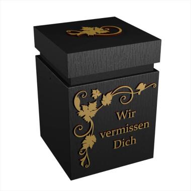 Klassische Urne aus Holz schwarz mit Gold Schriftzug und Ranke Hedera / Wir ve