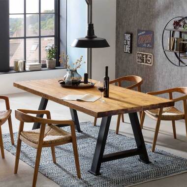 Massivholz-Tisch & Massivholztisch in Teakfarben Metall A Fußgestell lackiert