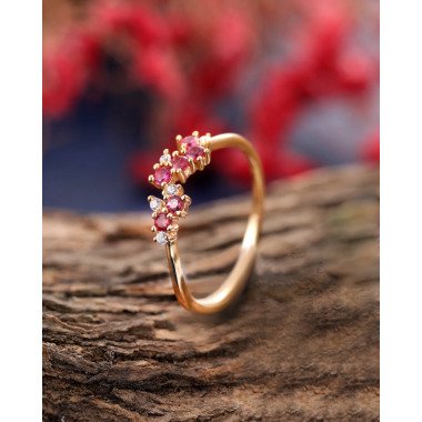 Natürliche Rubin Cluster Ehering Rosegold Art Deco Diamant Halb Ewigkeit