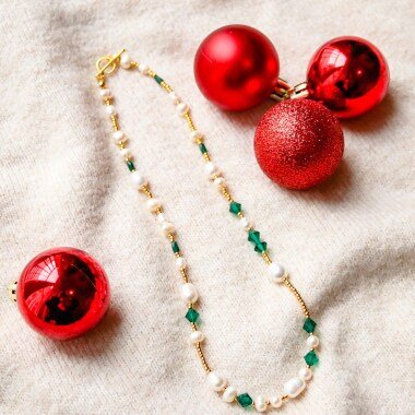 Perlen Weihnachten Grün Gold Halskette, Perle Smaragd Grün Zierliche
