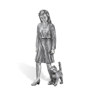 Weihwasserkessel mit Figur & Kleine Grab Frauenfigur mit Katze aus Aluminium Miola & Mira / Grau