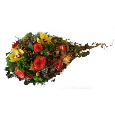 Blumengesteck zur Beerdigung mit Rosen und Orchiedeen