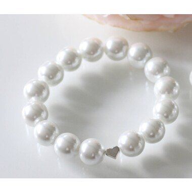 Perlenarmband Weiß Herz Farbe Silber, Perlen 12mm, Armband Damen