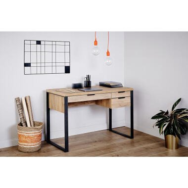 Schreibtisch , Eiche , Metall , 3 Schubladen , rechteckig , Kufe , 55x76