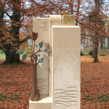 Urnengrabstein aus Kalkstein & Urnen Grabstein Naturstein Bronze mit Rose