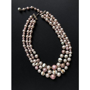 Vintage 3 Reihen Perlen Halskette | Weiß Rosa Gold Mid Century Signiert Japan