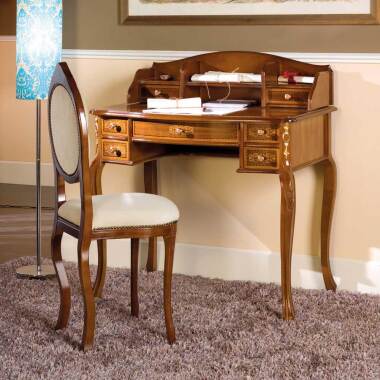 Design Schreibtisch und Stuhl im Barock Look Nussbaum und Creme Weiß (zweiteili