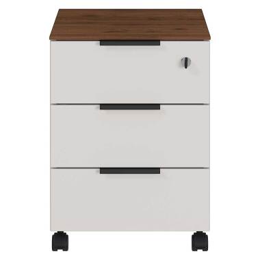 Schreibtischrollcontainer in Creme Weiß und Nussbaum Optik drei Schubladen