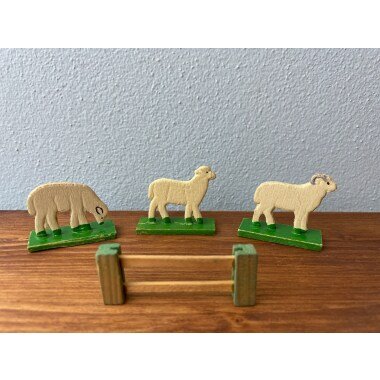 Vintage Erzgebirge Schaf Und Zaun Set Flach Spielzeug Bemalt Holz Tier
