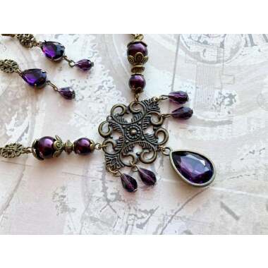 Jugendstil Schmuckset. Halskette, Ohrringe, Violett, Art Nouveau, Vintage