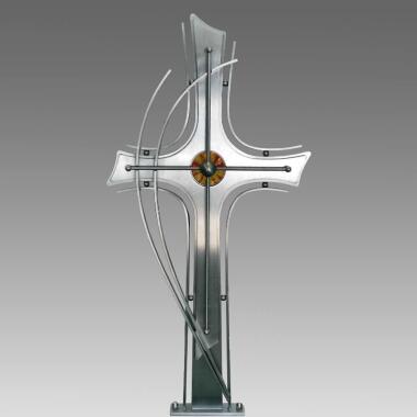 Modernes Grabkreuz aus Edelstahl mit Glas Amari