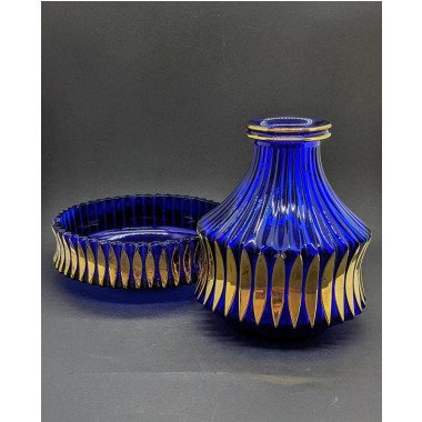 Vintage Kobalt Blau Und Gold Glas Vase Obstschale, August Walther & Sohne