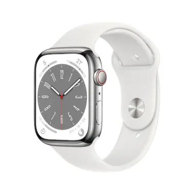 Apple Watch Series 8 LTE 45mm Edelstahl Silber Sportarmband Weiß