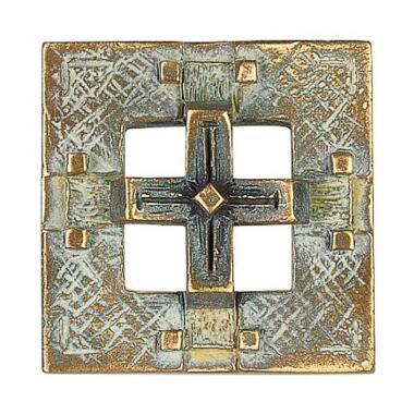 Kleines Bronze-Ornament mit Kreuz eckiges Design Barat / Bronze Patina grün