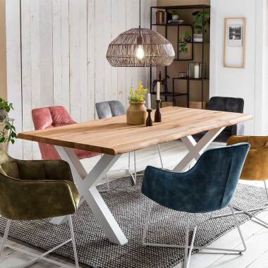 Moderne Metalltisch & Baumkanten Esszimmertisch aus Eiche Massivholz und