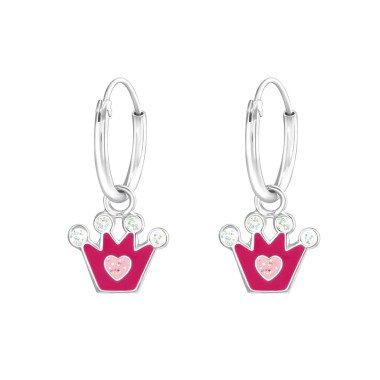 Schmuckkästchen aus 925 Silber & Kinder Mädchen Creolen Ohrringe Krone Herz pink/weiß Glitter