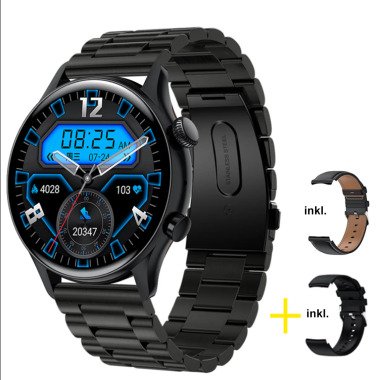 Sportarmband in Schwarz & TPFNet Smart Watch / Fitness Tracker IP67 Edelstahl Armband + Kunstleder