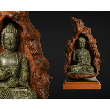 Buddha Figur 53 cm, Statue, Bronze, Aus Holz