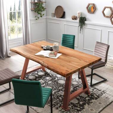 Baumkantentisch & Tisch aus Akazie Massivholz und Metall in antik Braun