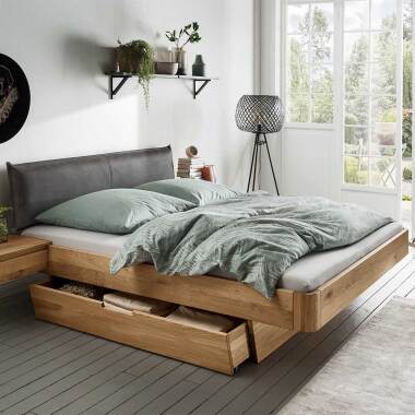 Bett mit Schublade aus Wildeiche Massivholz Kopfteil gepolstert