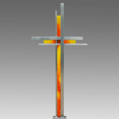 Edelstahl Grabkreuz mit Glas Kreuz in rot & gelb Corpore