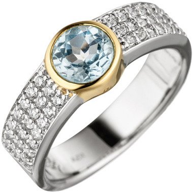 SIGO Damen Ring 925 Silber bicolor vergoldet 1 Blautopas hellblau blau