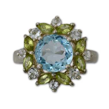 Topas-Ring in Silber & Vintage Klare Steine Peridot Und Blau Topas Blume