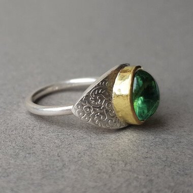 Turmalinring in 750 Gold Und Silber Gr. 55, Handgearbeiteter Ring Mit Grünem