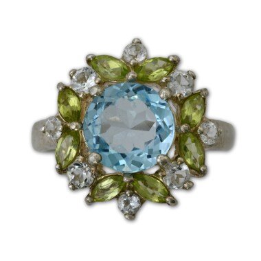 Vintage Klare Steine Peridot Und Blau Topas Blume Ring 925 Silber Edelstein